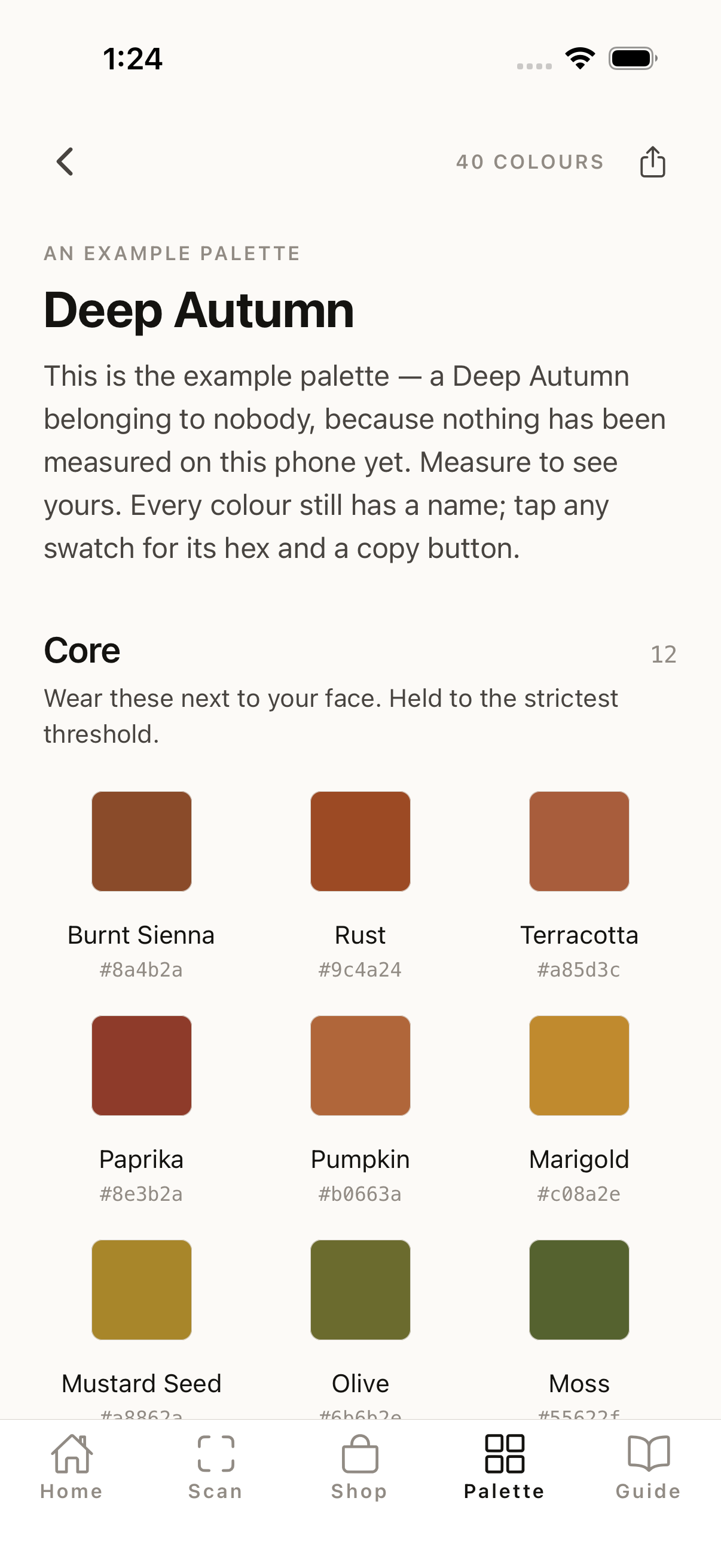A Colorella palette: Deep Autumn with named colour swatches